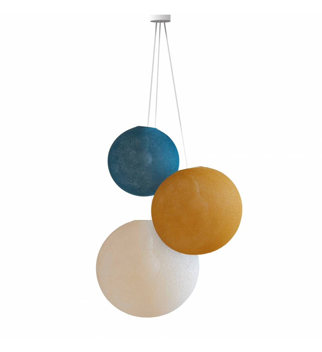 Suspension 3 globes bleu paon - camel - écru - Suspension triple - La Case de Cousin Paul