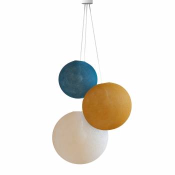 Suspension 3 globes bleu paon - camel - écru - Suspension triple - La Case de Cousin Paul