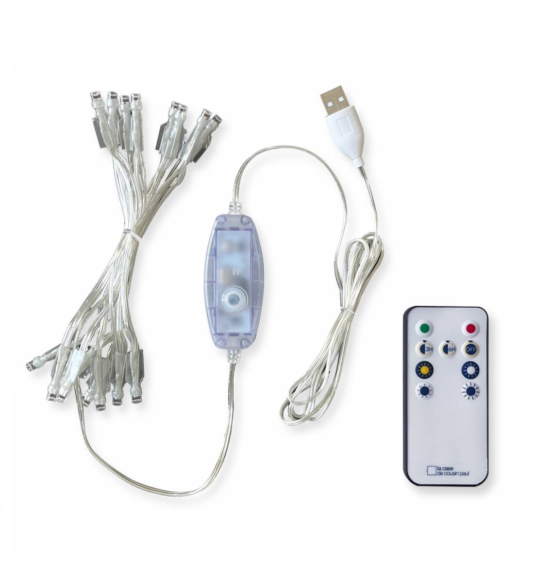 Guirlande LED - 16 ampoules câble transparent CE - Guirnalda LED con mando a distancia - La Case de Cousin Paul