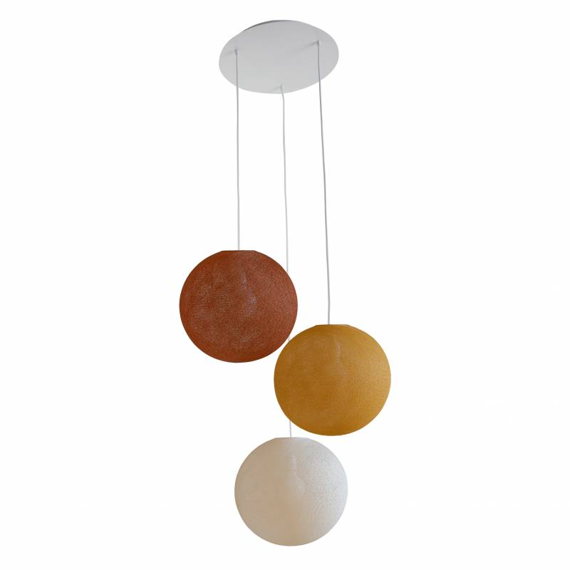 Plafonnier blanc 3 globes 31 havane - camel - lin - Ceiling light 3 - La Case de Cousin Paul