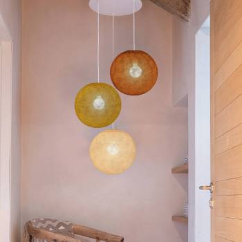 Plafonnier blanc 3 globes 31 havane - camel - lin - Ceiling light 3 - La Case de Cousin Paul